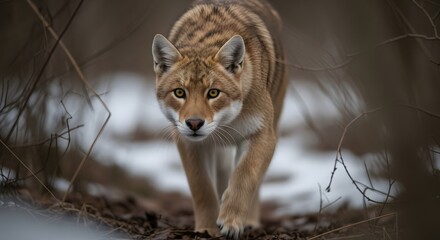 Fototapeta premium Coyote's Focused Gaze: A coyote strides purposefully through a wintry landscape, its amber eyes locked directly on the viewer, conveying a sense of focus and determination in a natural setting.