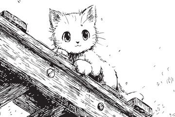 Cute kitten lounging on wooden beam, black and white hand-drawn sketch highlighting feline relaxation in charming illustration