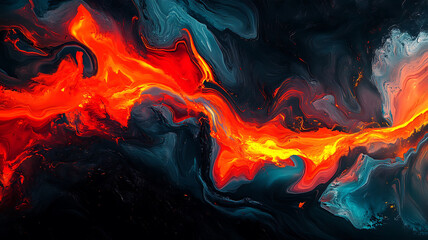 Abstract fluid art with fiery lava orange and deep contrasting ocean blue swirls