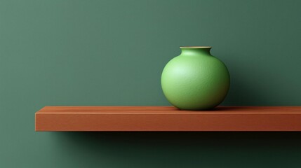 Single green vase sitting on a wooden shelf against a dark green wall. the vase is round and has a smooth, shiny surface.