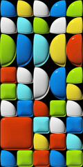 Convex multicolored 3d block of halves and quarters rounded shapes background. Color mosaic geometric design. 3d render illustration