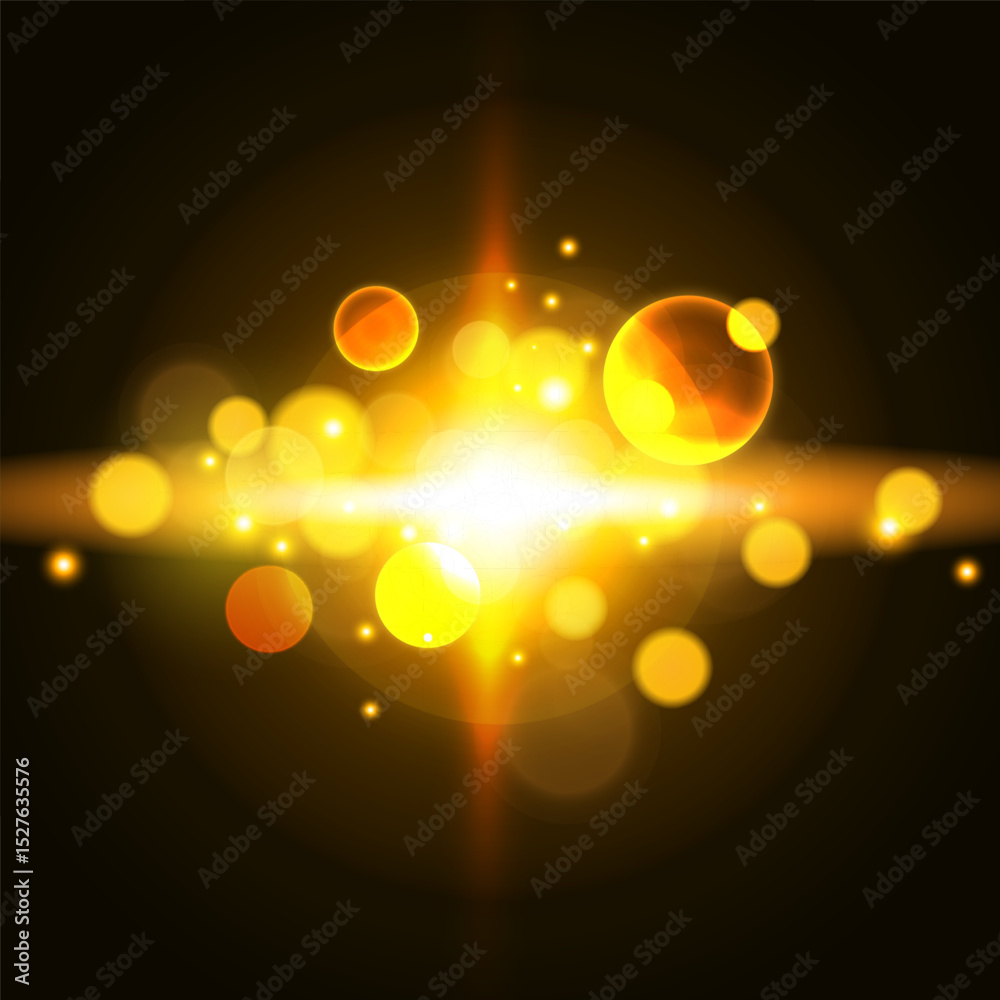 Poster abstract glowing golden light burst with lens flares and bokeh effects. vector illustration.