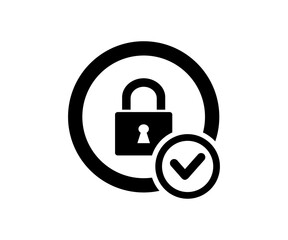 Lock check icon. Circle and shield with lock icon with check mark. Security lock, cyber defense vector design and illustration.
