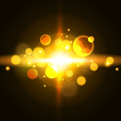 Abstract Glowing Golden Light Burst with Lens Flares and Bokeh Effects. Vector illustration.