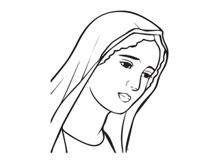 Vector isolated Mary Mother of Jesus portrait  full body colorless black and white contour ink art engraving	
