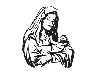 Vector isolated Mary Mother of Jesus with baby portrait full body colorless black and white contour ink art engraving	
