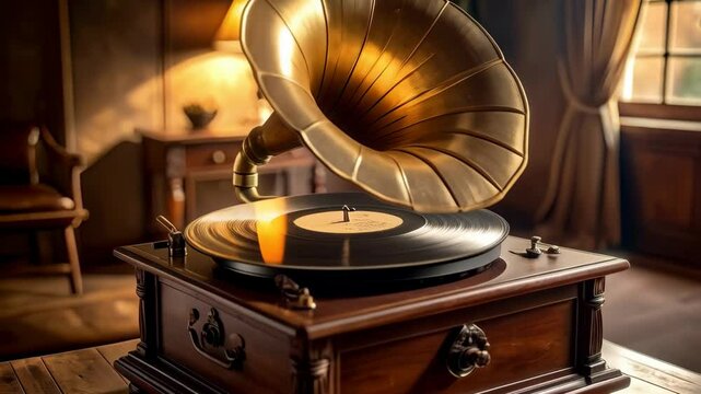 Antique phonograph with golden horn sitting on wooden table in dimly lit, vintage-style room with classical furnishings