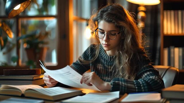 young female student studying books at desk with concentrated expression surrounded by academic materials and warm light concept of education learning publishing business