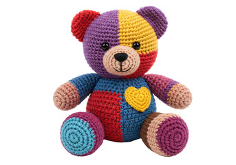 Isolated Colorful Crochet Teddy Bear with Patchwork Design