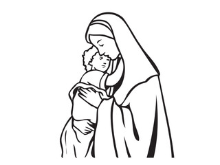 Vector isolated Mary Mother of Jesus with baby full body colorless black and white contour ink art engraving	
