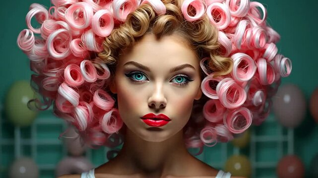 portrait of beautiful young model with curly hair, fashion concept, hair care, hair stylist