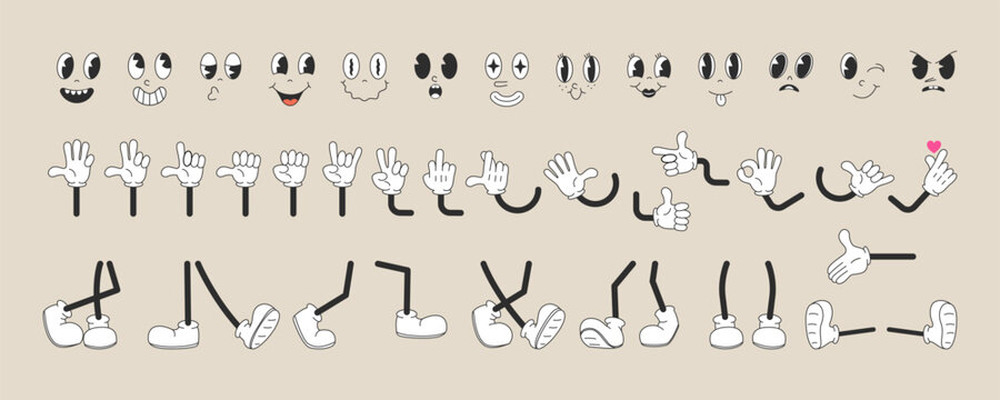 Collection of comic faces, legs and arms for retro characters of 70s. Comic faces in different emotions happy, angry, sad, cheerful. Cartoon character faces, legs and arms in different poses.