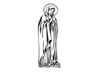 Vector isolated Mary Mother of Jesus full body colorless black and white contour ink art engraving	
