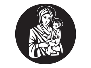 Vector isolated Mary Mother of Jesus with baby full body round shape circle frame colorless black and white contour ink art engraving	
