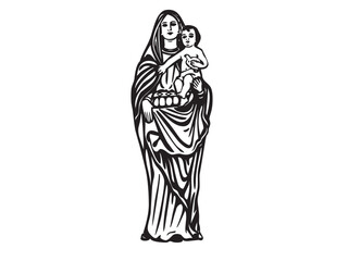 Vector isolated Mary Mother of Jesus with baby full body colorless black and white contour ink art engraving	
