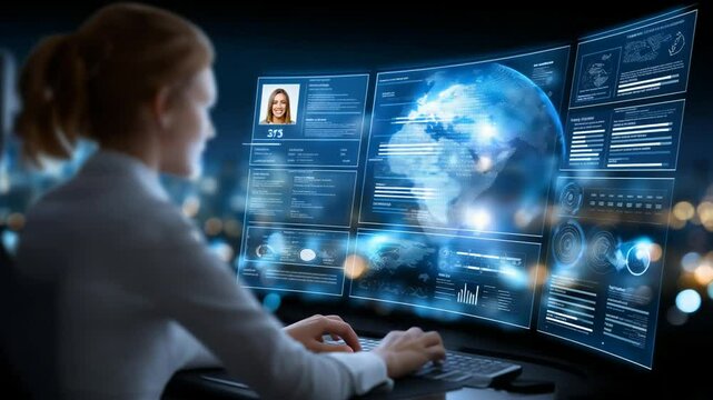 HR Manager Analyzing CVs on a Widescreen Monitor for Recruitment