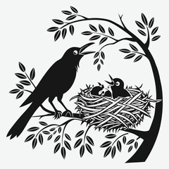 A bird feeding its young in a nest  silhouette design vector art and illustration