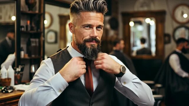 portrait of handsome male hairdresser, hair care service concept, men's fashion, barbershop