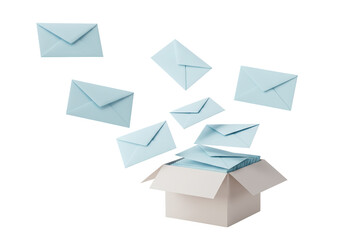 Isolated Overlapping Light Blue Envelopes Emerging from a Cardboard Box