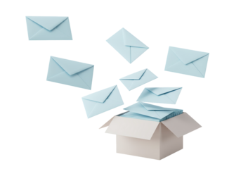 Isolated Overlapping Light Blue Envelopes Emerging from a Cardboard Box