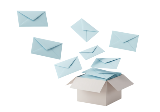 Isolated Overlapping Light Blue Envelopes Emerging from a Cardboard Box