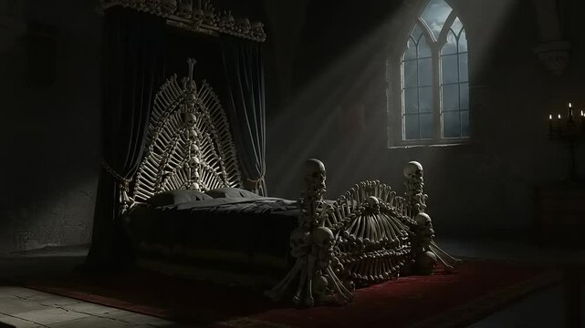 Creepy skeleton bed in gothic room with window light and dark atmosphere