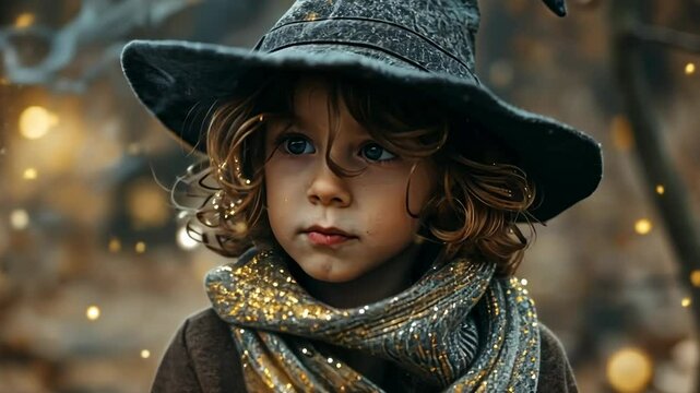 little wizard casting magic with glowing wand in enchanted forest