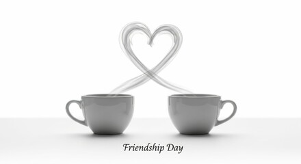 Friendship day text below two white coffee cups with steam forming a heart. Concept of friendship, partnership, and love connection for a greeting card.
