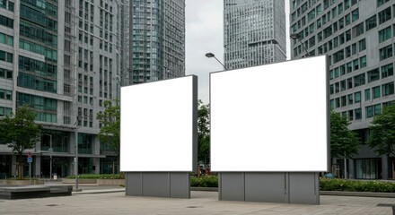 Fototapeta premium Two blank billboards stand between modern city skyscrapers, offering advertising space