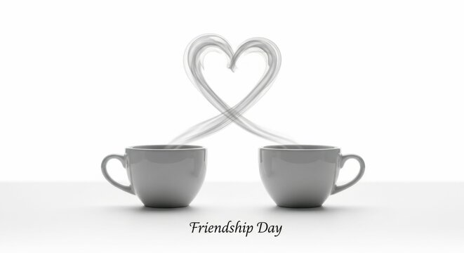 Friendship day text below two white coffee cups with steam forming a heart. Concept of friendship, partnership, and love connection for a greeting card. - Powered by Adobe