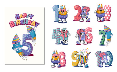set of groovy cake, gift and firework characters with handwritten text and numbers for birthday, cards, posters and your designs