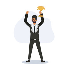 proud indian man in formal suit celebrates victory holding golden trophy with a big smile.