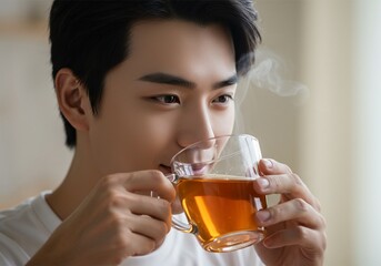 close up photo of an asian man drinking a glass of hot tea