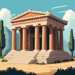 Retro Ancient Temple Drawing, 8-Bit Style Historic Landmark
