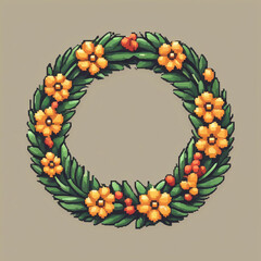 Colorful Retro Wreath Illustration, 8-Bit Style Ornament
