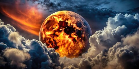 Close-up lunar photography reveals a super blood moon's ominous glow, set against a stormy sky.