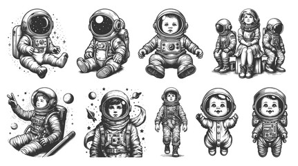 Obraz premium babies and young children wearing space suits Set collection bundle sketch engraving generative ai vector illustration. Scratch board imitation. Black and white image.