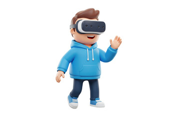 Isolated Cartoon Boy in VR Headset Waving Hand