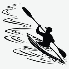 A kayaker paddling in calm waters silhouette design vector art and illustration