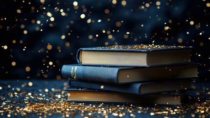 Stack of dark blue books with gold glitter