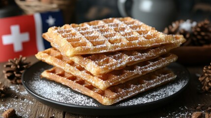 Stack of powdered waffles on a plate