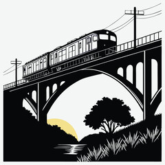 A train moving across a bridge at twilight  silhouette design vector art and illustration