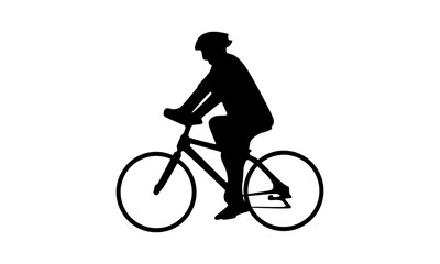 Fototapeta premium Man riding a bicycle with helmet, silhouette vector illustration on white background. Editable EPS design suitable for cycling, sport, and transportation themes.