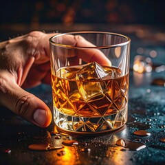 Male hand holding glass of whiskey with ice on dark reflective surface