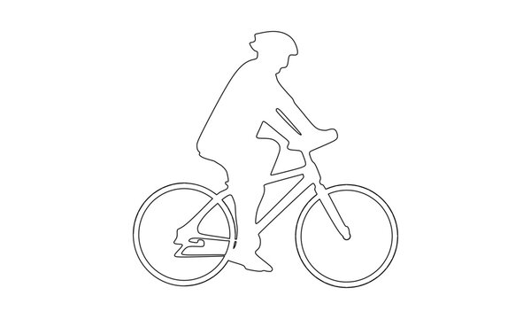 Man riding a bicycle with helmet, outline vector illustration, clean black line drawing on white background, editable and ideal for infographic, signage, and icon design use.