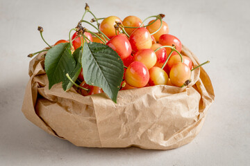 Bag of cherries, variety 'Napoleon', on a light background.