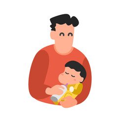 An illustration for father's day, Father Feeding Baby with Bottle - Flat Vector Illustration