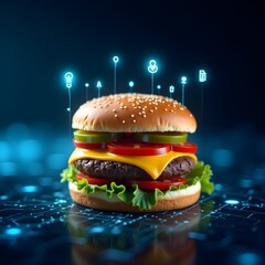 glowing cheeseburger illuminated by futuristic holographic interface elements, tech data icons, and neon circuits in a high-tech abstract background