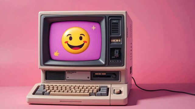  Vintage computer with smiley emoji on screen stands on pink background with retro style and old tech feel. Concept of digital nostalgia