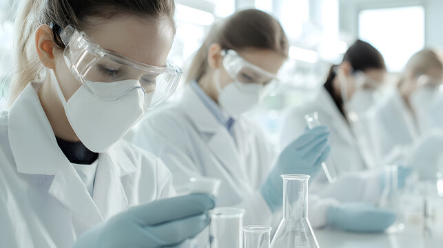 A group of scientists in lab coats and safety gear conduct experiments in a modern laboratory setting.